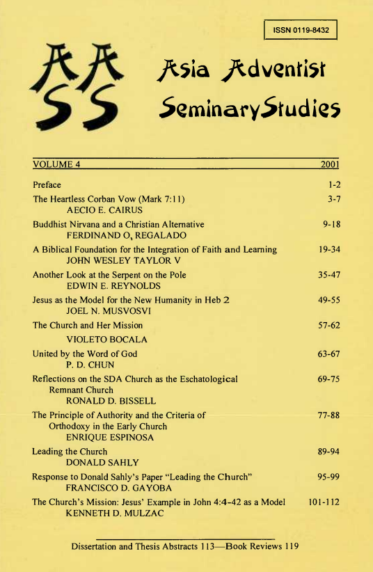 					View Vol. 4 No. 1 (2001): AASS - Asia Adventist Seminary Studies
				